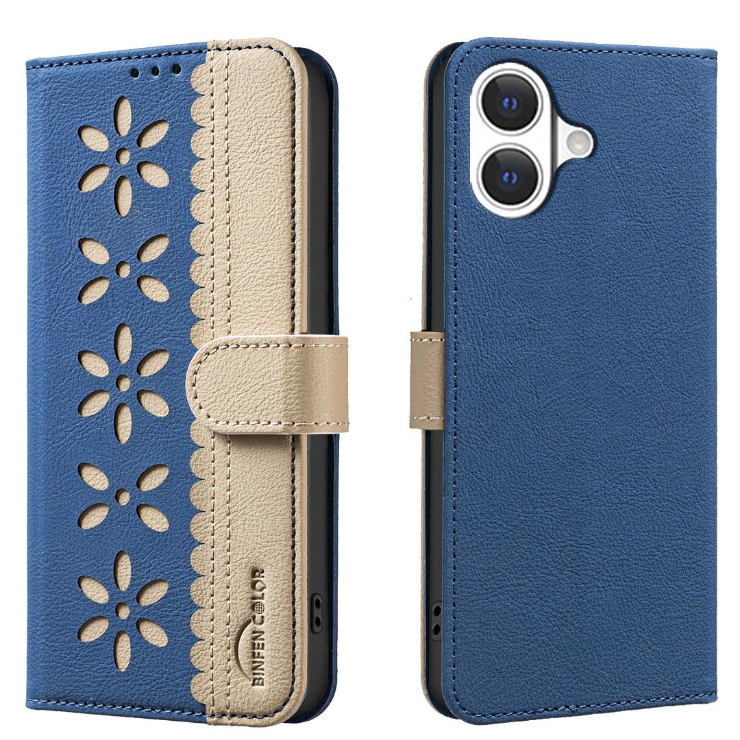 

For iPhone 17 Leather Case BINFEN COLOR BF36 Floral Pattern Phone Cover RFID Blocking Wallet Stand Dark Blue