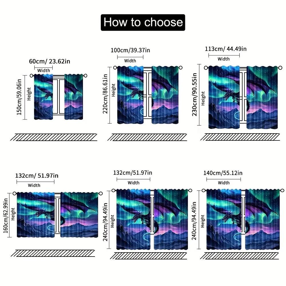2pcs Elegant Dragon Battle Print Curtains- Vibrant Aurora& Mountain Scene, Polyester, Light-Filtering, Rod Pocket, Machine Washa