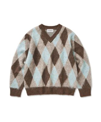 Pull en maille Argyle à col en V CUZNELLO Blend_Marron