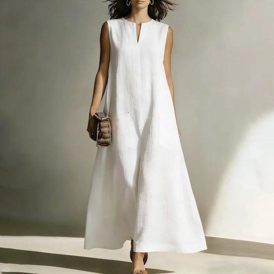 Summer Sleeveless Dress for Women Casual V Neck Long Tank Dress Flowy A-line Beach Sundress with Pockets