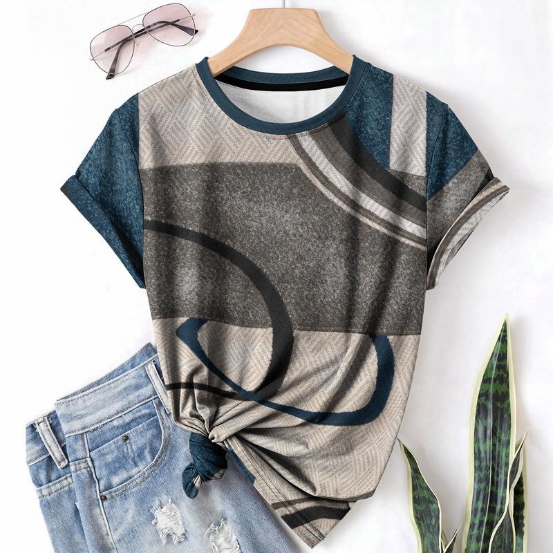 

Geometric Casual Sports Women s T-shirt Summer Round Neck Short Sleeved Simple Loose Breathable Shirt 2XL