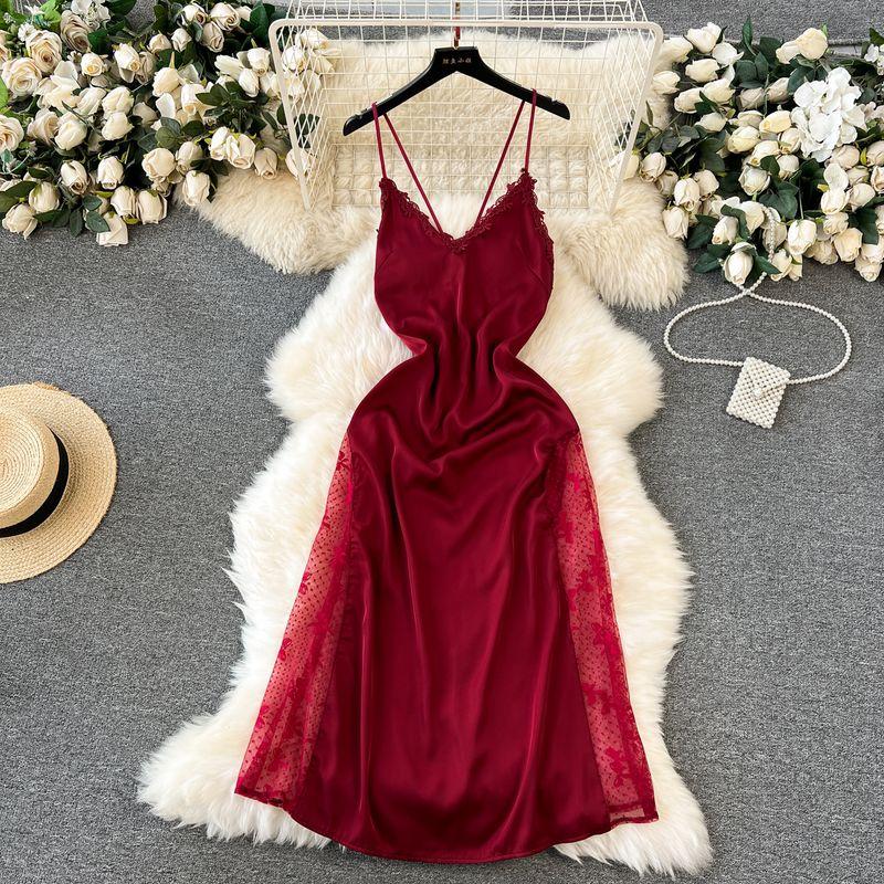 

Noble Sexy Suspenders Pajamas Dress Women s Hollow Backless Nightdress Pure Desire Sexy Lace Patchwork Satin Long Dress Burgundy S