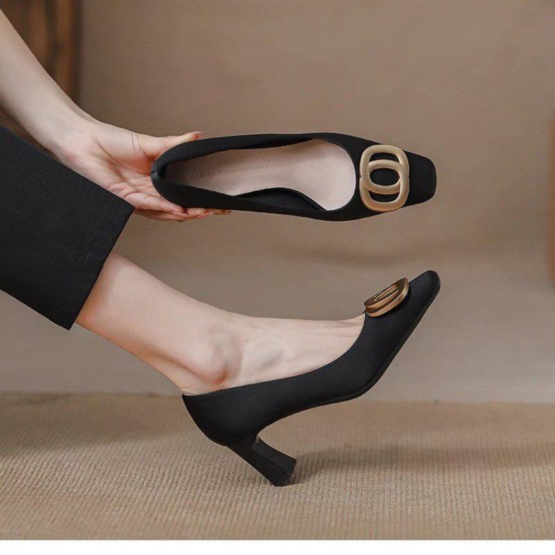 Temperament Commuter Thick Heel Women's Shoes Autumn New Single Shoes Satin Black High Heels Women
