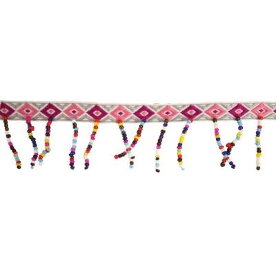 MegaCréa DIY - Red Printed Ribbon With Pompoms and Seed Beads Wide. 10 Mm