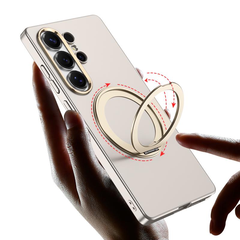 Plating Magnetic Wireless Charging Rotating Holder Phone Case for Samsung Galaxy S26 Ultra Leather Shockproof Protective Cover