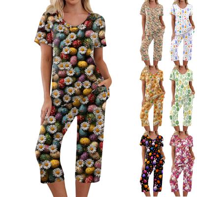 2 Piece Sets For Women Short Sleeve Top And Pants With Pockets Workout Soft Print Sets