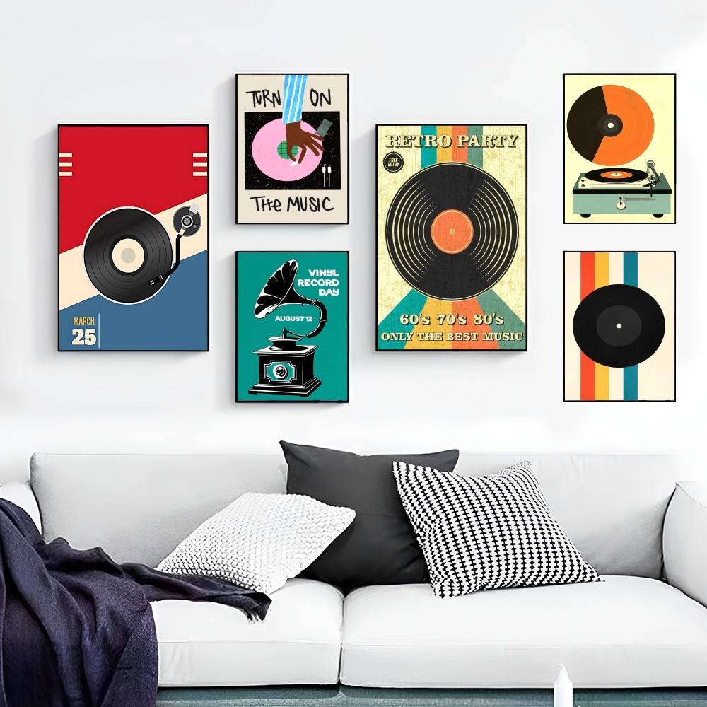 Retro Vinyl Record Print Mid Century Music Minimal Pastel DIY Sticky Poster Fancy Wall Sticker for Living Room Bar Decoration