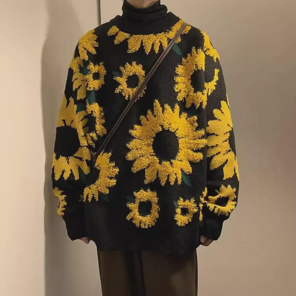 Men's Retro Japanese Chrysanthemum Jacquard Sweater - Cozy Autumn Round Neck Pullover