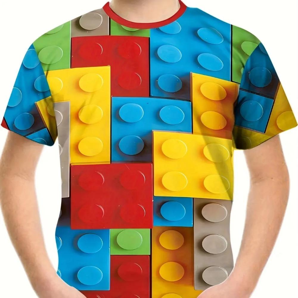 Children's Block Pattern 3D Digital Printed Boys' Fashion and Comfortable Round Neck Short Sleeved T-shirt