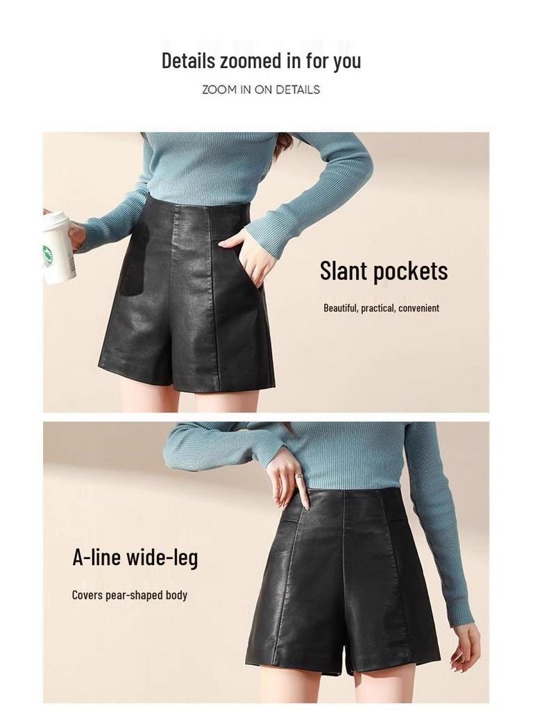High Waist PU Leather A-Line Shorts for Women - 2023 Autumn/Winter Fashion, Korean Style, Slimming Wide Leg Booty Shorts
