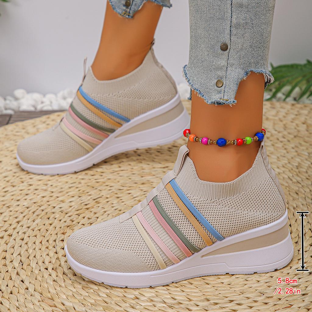 Fashion Color Band Breathable Mesh Flats Women 2025 Plus Size 36-43 Soft Sole Casual Sneakers Woman Slip On Thick Sole Walking Shoes