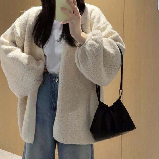 2025 autumn and winter loose lantern sleeve knitted cardigan lazy wind long sweater jacket top average size