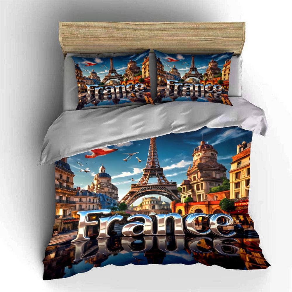 Eiffel Tower And French Streetscape Duvet Cover Set With 3D Printing Design Soft Polyester Bedding Set All-Season Comfort
