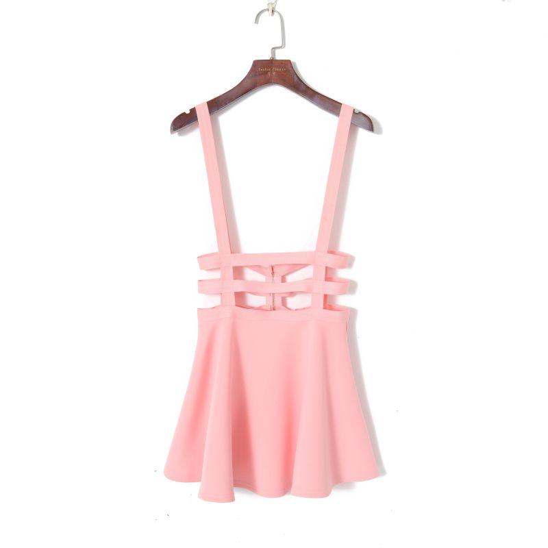 

New Summer Women s Clothing Fashion Style Pure Color Personality Hollow out Mesh A- line Strap Dress High Waist Slimming Skirt Pink L