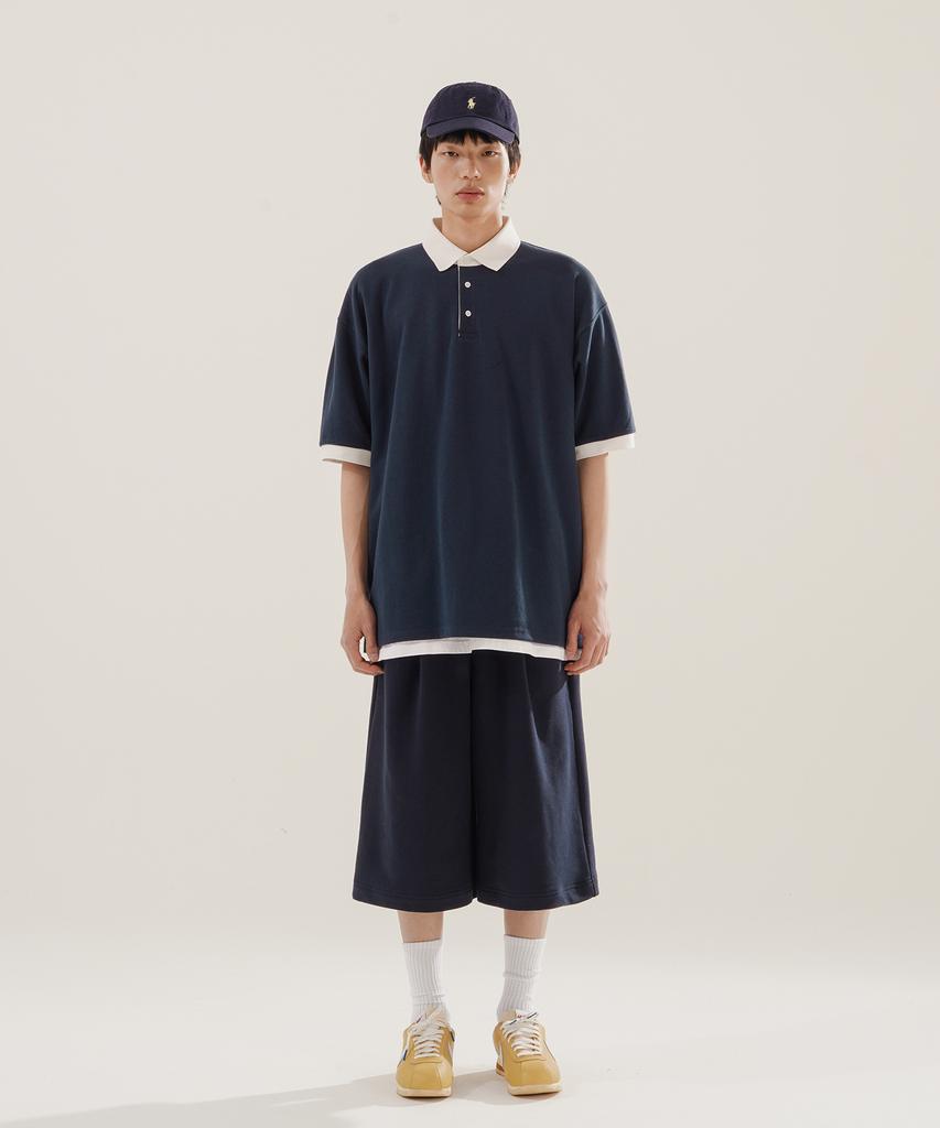 JEMUT Chess Ringer Collared Short Sleeve T-Shirt Navy Kjst2616