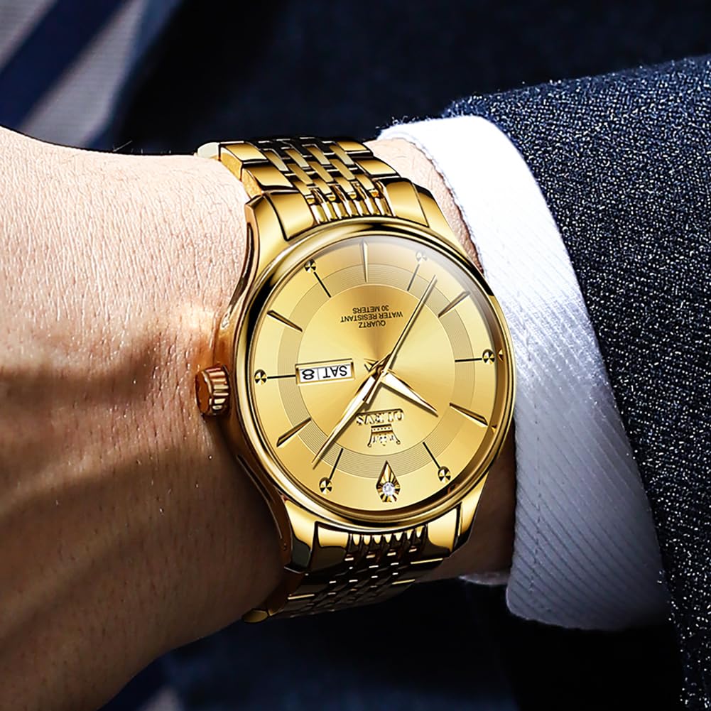OLEVS Men's Quartz Watch with Diamonds, Metal Band, Date Display, Simple, Stylish, Lightweight, Luminous, Waterproof, Gold, for Men and Students