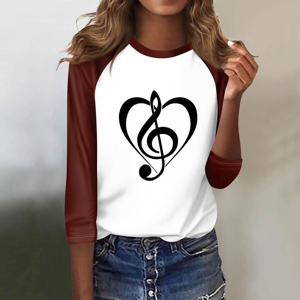 Damenmode Lässiges T-Shirt O-Ausschnitt Siebenärmel Bedrucktes Knopf-Top