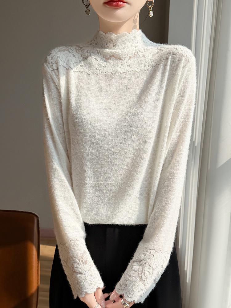 Cross 2025 Autumn/Winter Lace Color Block Knit Pullover with Half-High Collar and Long Sleeves