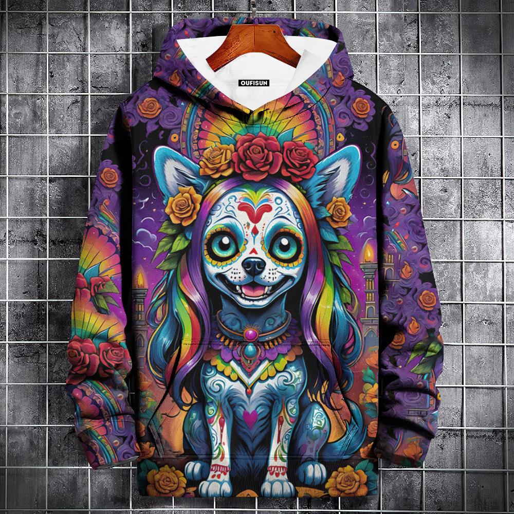 Herren Kapuzenpullover mit 3D-Totenkopf-Print, Kapuzenpullover, modische Straßenkleidung zum Tag der Toten, langärmeliges Oberteil, übergroßer Pullover