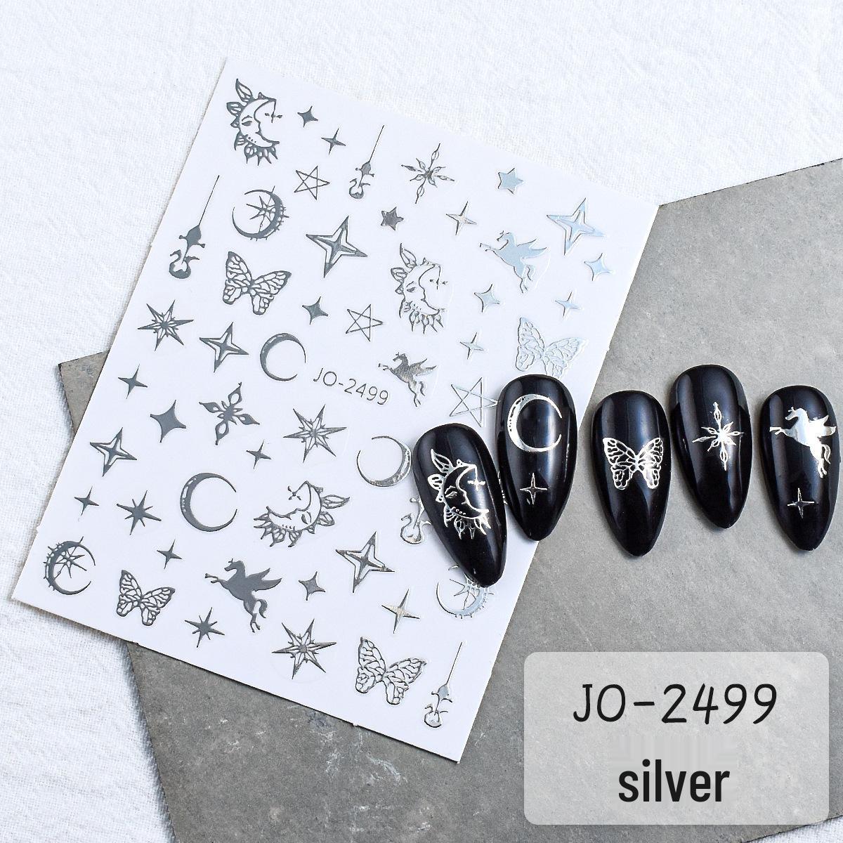 Y2K Style Silver Butterfly, Star, Moon, and Sun Nail Stickers - Trendy Internet Celebrity Design
