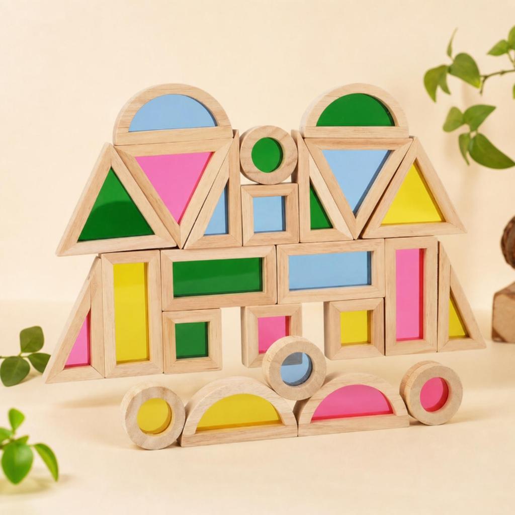 24 Pieces Translucent Rubberwood Construction Blocks with Acrylic Panels Solid