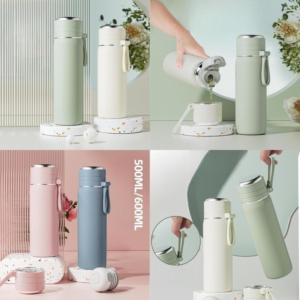 500/600ml 304 Stainless Steel Bullet Thermos, Matte Pastel Portable Lanyard Leakproof Vacuum Water Bottle Student School Travel