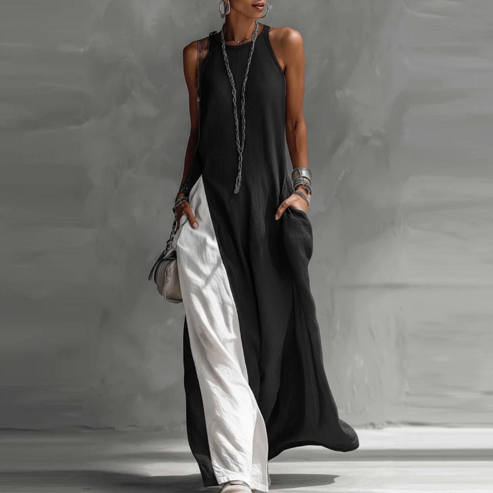 Women's Sleeveless Color Block Off-the-Shoulder Casual Dress with Pockets