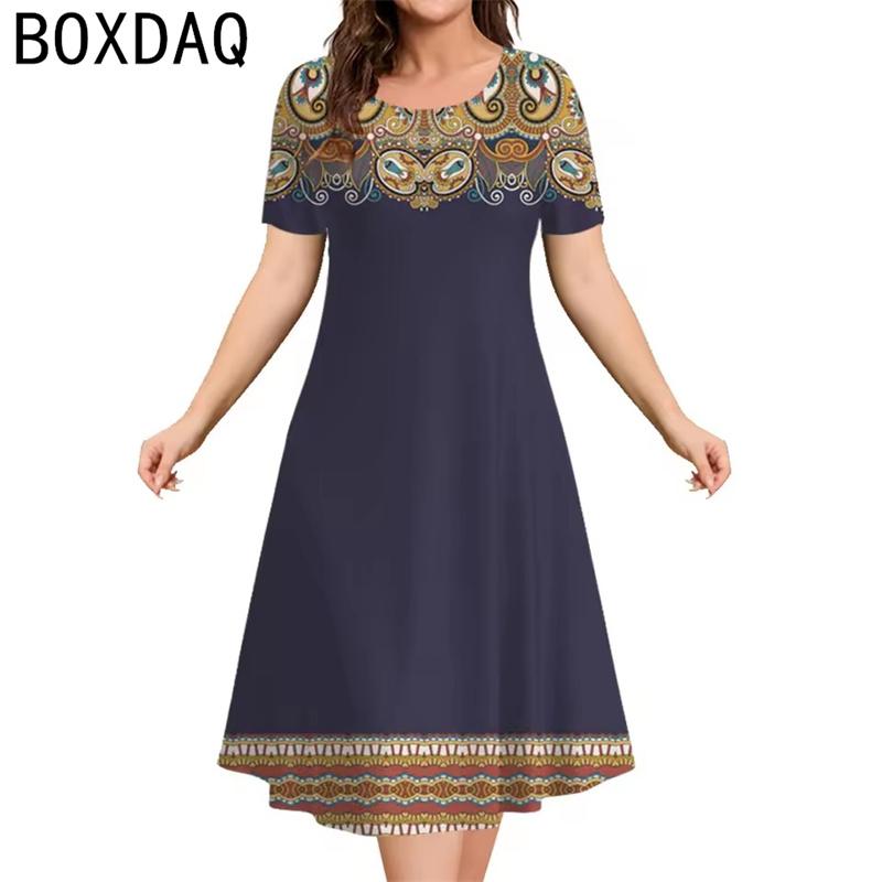 Nuevo Vestido de Mujer Estampado con Patrón Étnico Vintage 3D Vestido de Verano de Manga Corta con Cuello Redondo Casual Línea A Vestido de Señora Oversize Vestidos