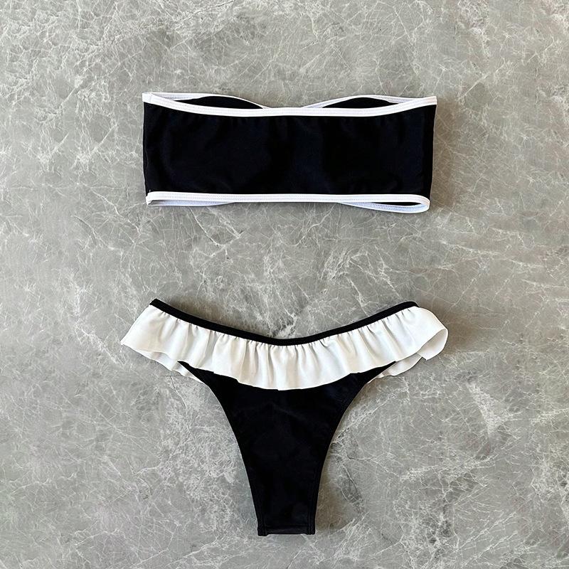 Women's Strapless Swimsuit 2-piece Suit Solid Color Patchwork Push Up Ruffle Thong Beach Hot Spring Bikini Set New Swimwear