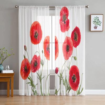Red Poppy Flower Tulle Sheer Window Curtains For Living Room The Bedroom Modern Chiffon Voile Curtains Fabric Drapes