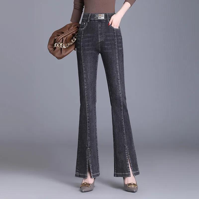 Summer Casual Appliques Solid Color Micro Flare Pants Korean Washed Splicing Double Pockets Elastic Waist Female Split Jeans