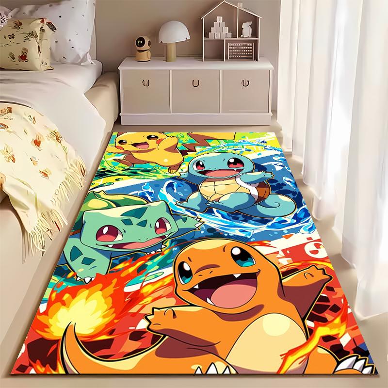 Area Rug, Pokemon Pikachu Squirtle Charmander Bulbasaur Starters Colorful Anime Print, Playroom Decor, Non-Slip Mat