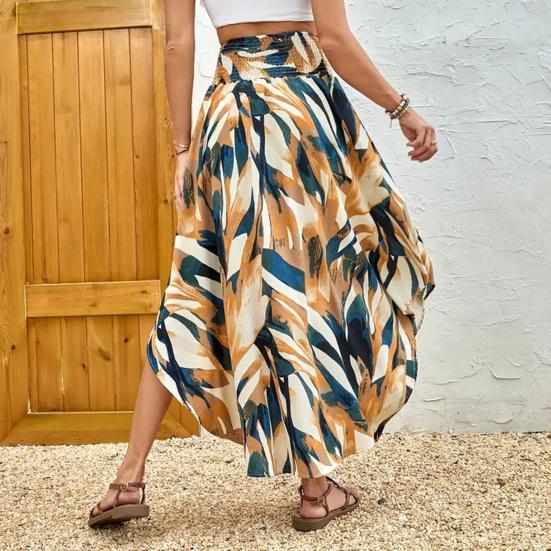 Boho Style Maxi Skirt Adjustable Drawstring High-Waisted Printing Skirt Flowy Large Hem A-Line Skirt Daily Wear