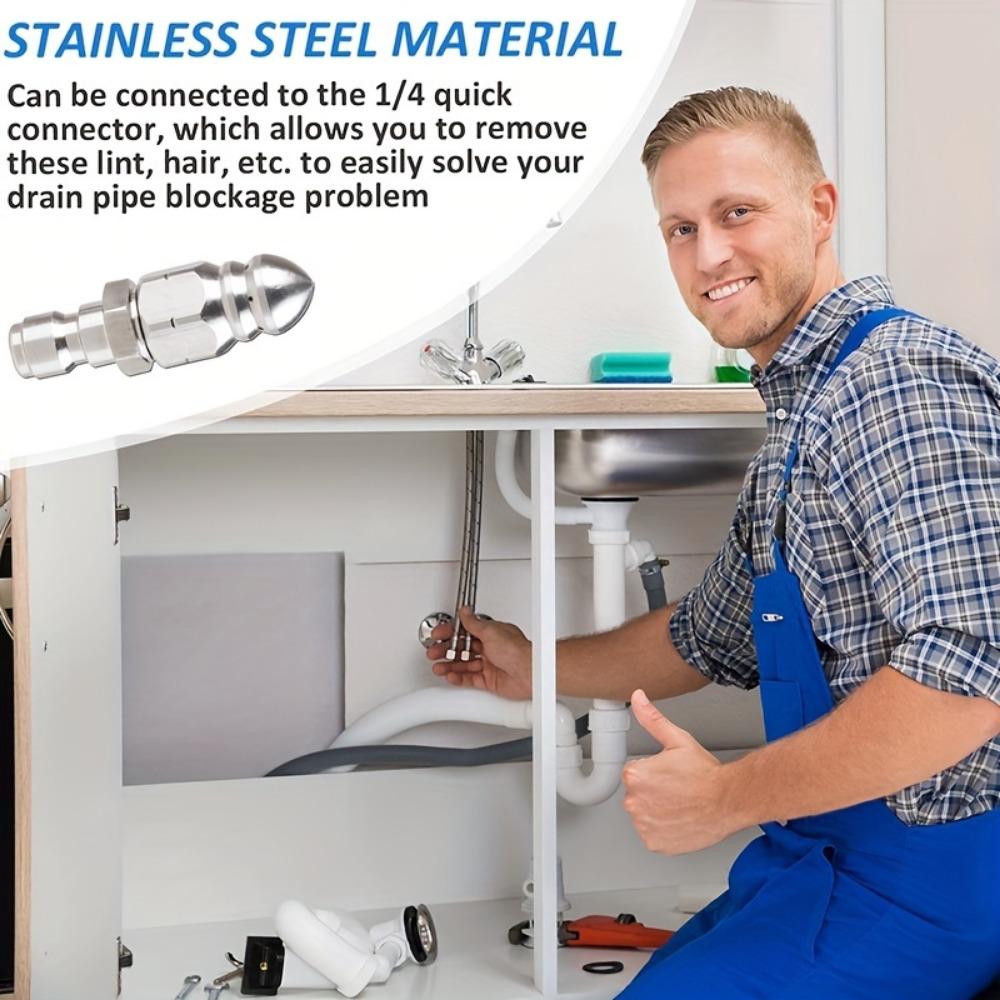 Stainless Steel High Pressure Drain Cleaning Nozzle, 1pc Quick Connect 1/4" Pipe Rotating Spray Head for Clog Removal
