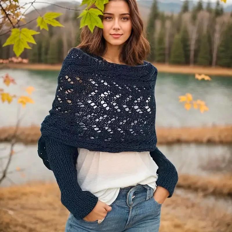 1 Stück Schal mit langem Ärmel Warmer Strickschal Herbst/Winter Damen Outdoor Lochmuster Weich Einfarbig Acrylfasern