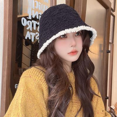 Women's Fashion Japanese and Korean Style Two Tone Bucket Hat Ladies' Autumn and Winter Warm All Match Knitted Hat