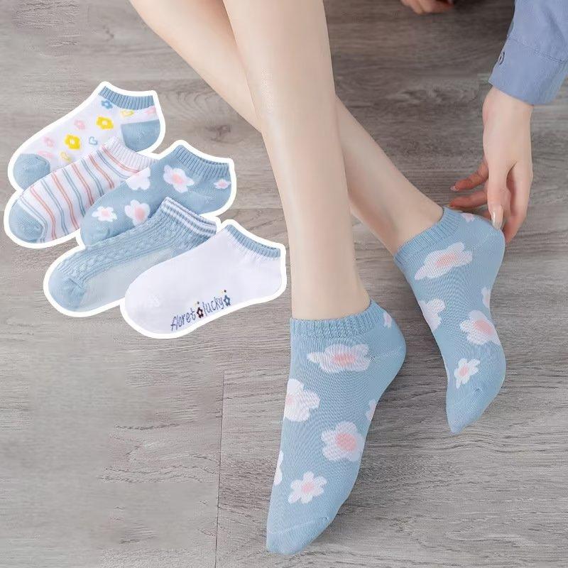 

5PCS Дамы Низкий Топ Мода Носки Хлопок Пот-поглощающие носки Мультфильм Мода Фрукты Принт Полосатые носки