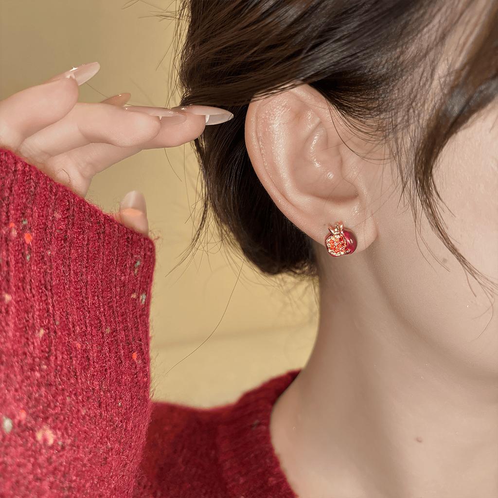 Boho Pomegranate Drip Oil Stud Earrings for Women Natural Red Rhinestone Fruit Jewelry