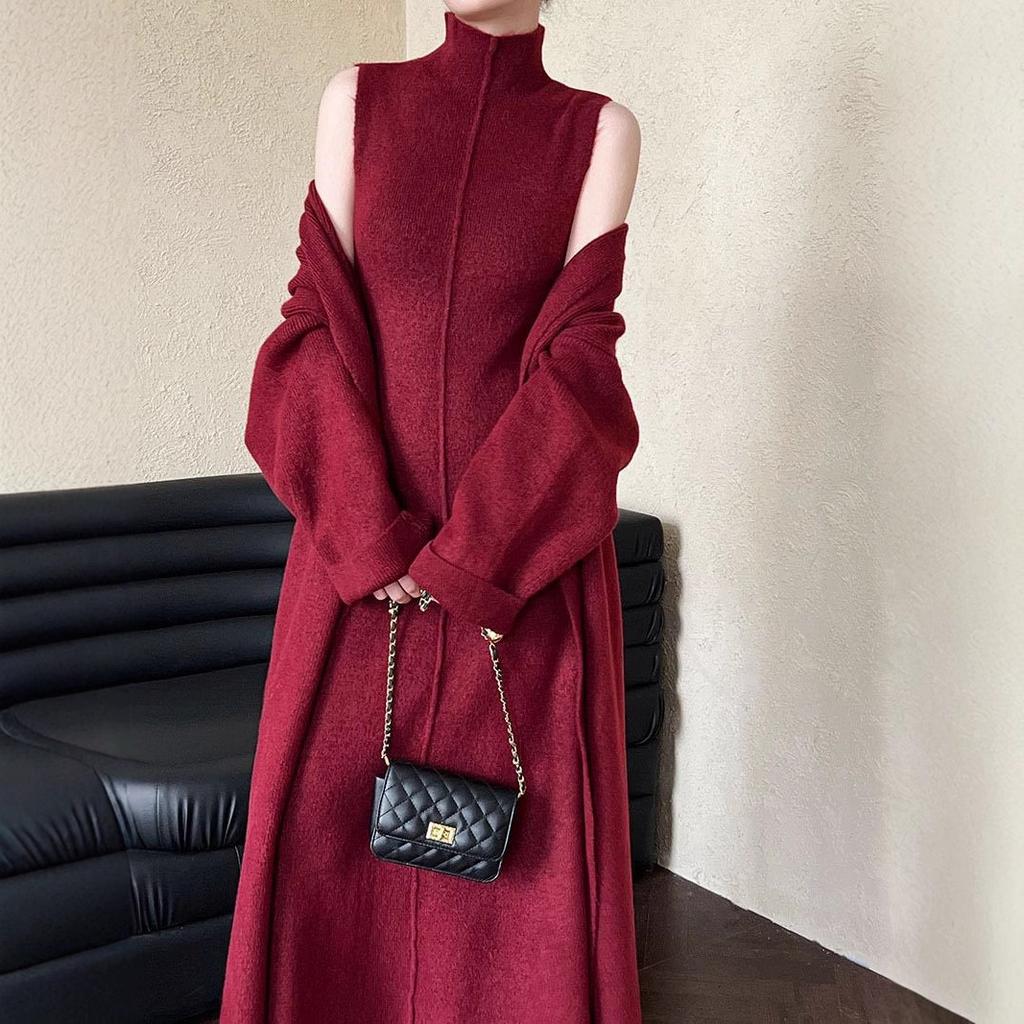 Fashion Knitted Cardigan Turtleneck Vest Dress Women's Two-piece Set Autumn and Winter Long Sweater Casual Suit
