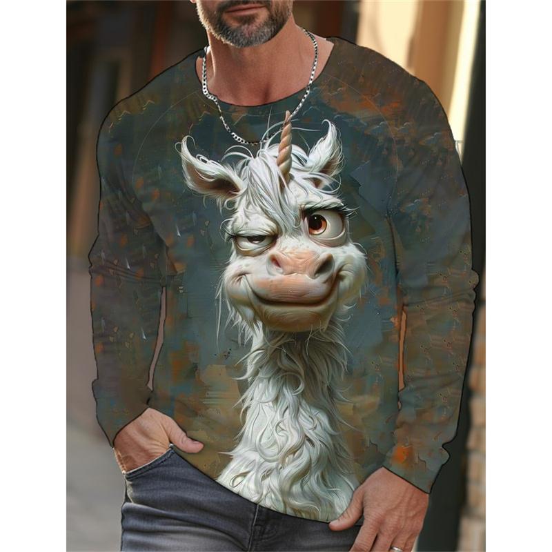

Мужская модная футболка с 3D цифровой печатью с рисунком белки, кошки и единорога, с круглым вырезом и длинным рукавом 5XL cal поли зеленый