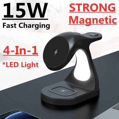 15W 4 In 1 Magnetic Wireless Charger Stand for Macsafe iPhone 14 13 12 Pro Max Apple Watch Airpods Qi Fast Charging Dock Station