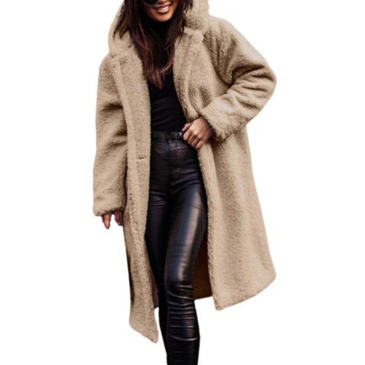 Winter Plush Hooded Long Coat Women Solid Color Long Sleeve Autumn Single Button