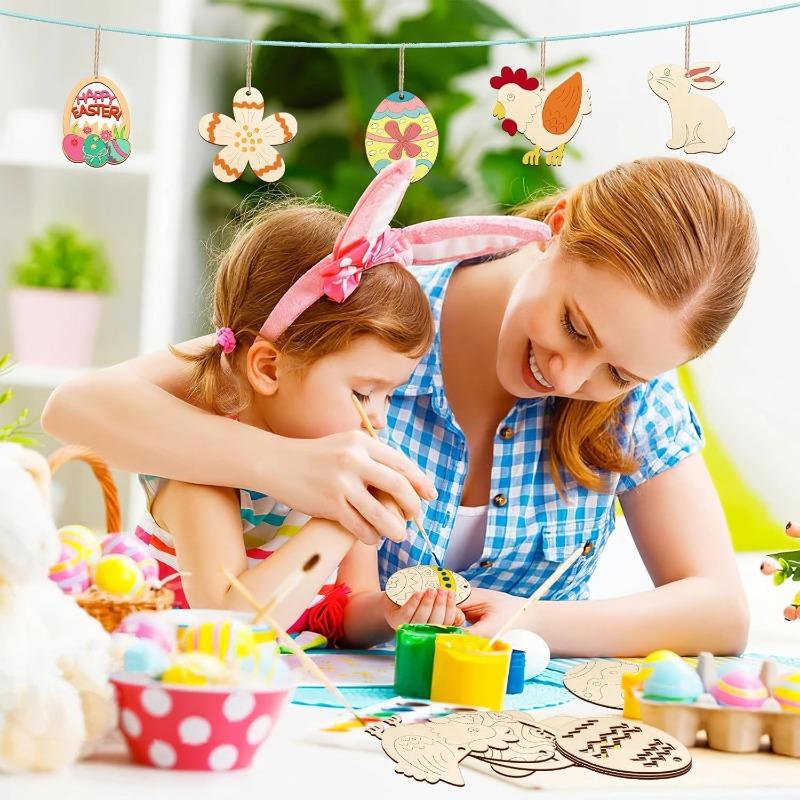 10 Stück Holz-Osterdekorationen zum Bemalen DIY Leere Holzausschnitte Ornament für Ei Hase Kaninchen Schmetterling Blume Frohe Ostern