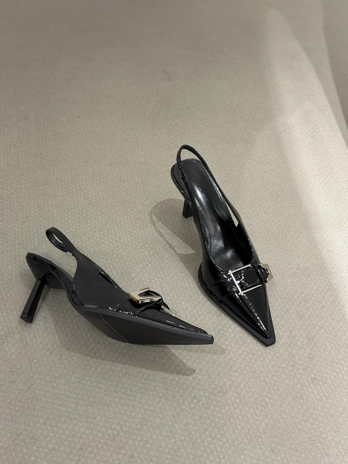 

Новые летние женские туфли с острым носком, сандалии с пряжкой, туфли-лодочки с ремешком сзади, туфли на среднем каблуке из лакированной кожи, Zapatos Mujer 40 чёрный