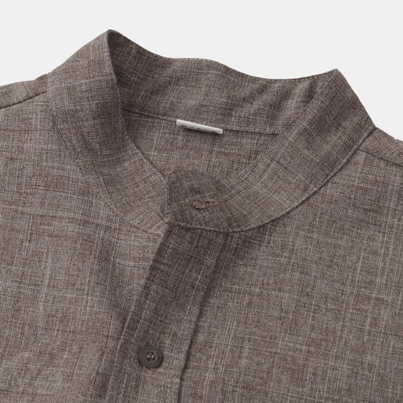 Men Stand Collar Half Placket Chest Pocket Short Sleeve Cotton Linen Shirt Solid Loose Breathable Casual Summer Blouse
