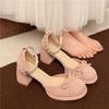 Fashion French Bow Block Heel Mary Jane Shoes Women's New Spring and Summer Round Toe Shallow Mouth One Buckle Beaded Heels