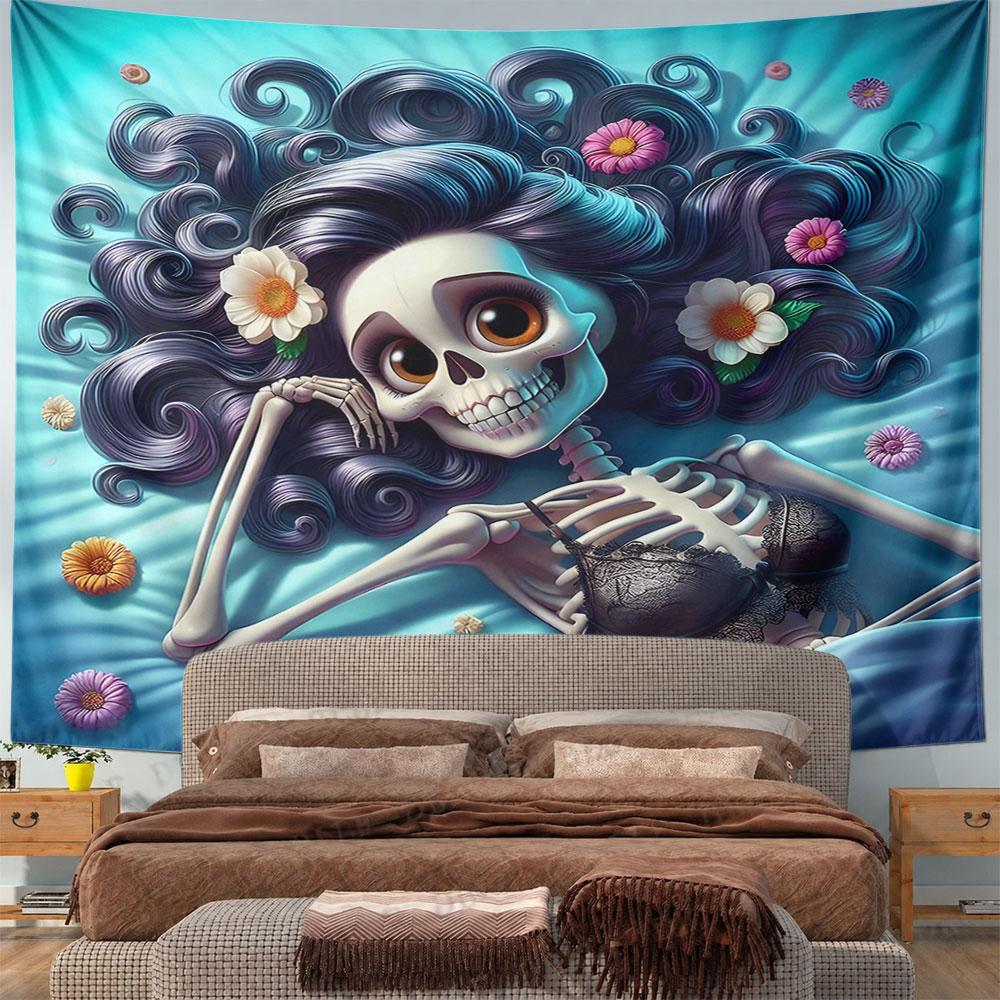 Skeleton with Flowers on Blue Background Pattern Wall Hanging Tapestry Decorative Tapestry Home Decor for Bedroom and Living Room