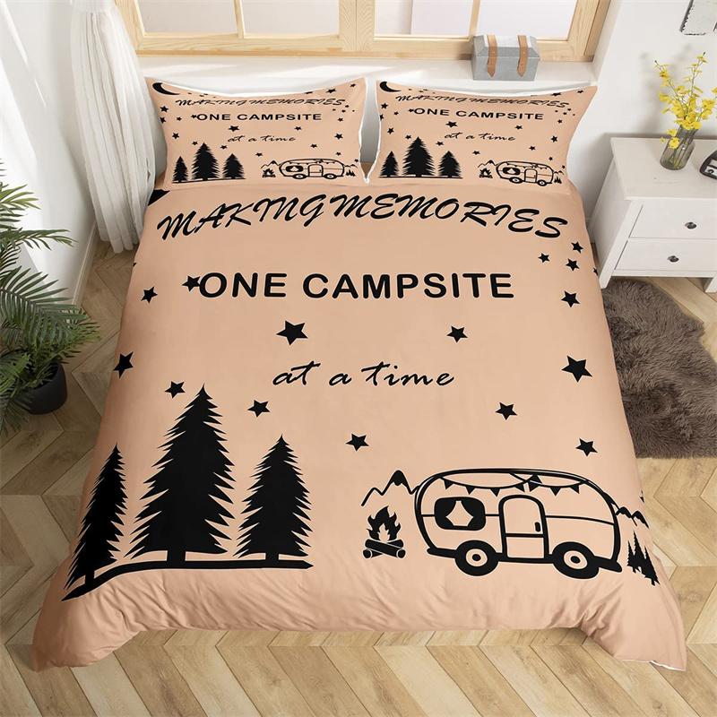 Camping Bettbezug Mikrofaser Galaxie Sterne Mond Happy Camping Bettdeckenbezug Camper Truck Geometrie Berg Bäume Bettwäscheset
