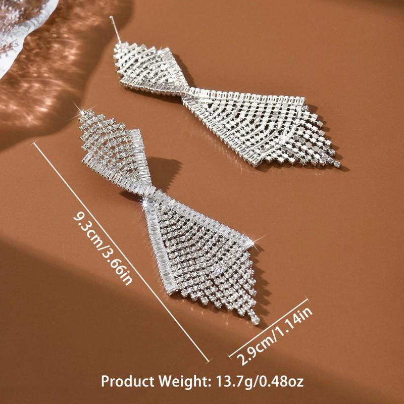 Elegant Geometric Leaf Tassel Earrings With Full Rhinestone Accents Plated Copper Studs Women