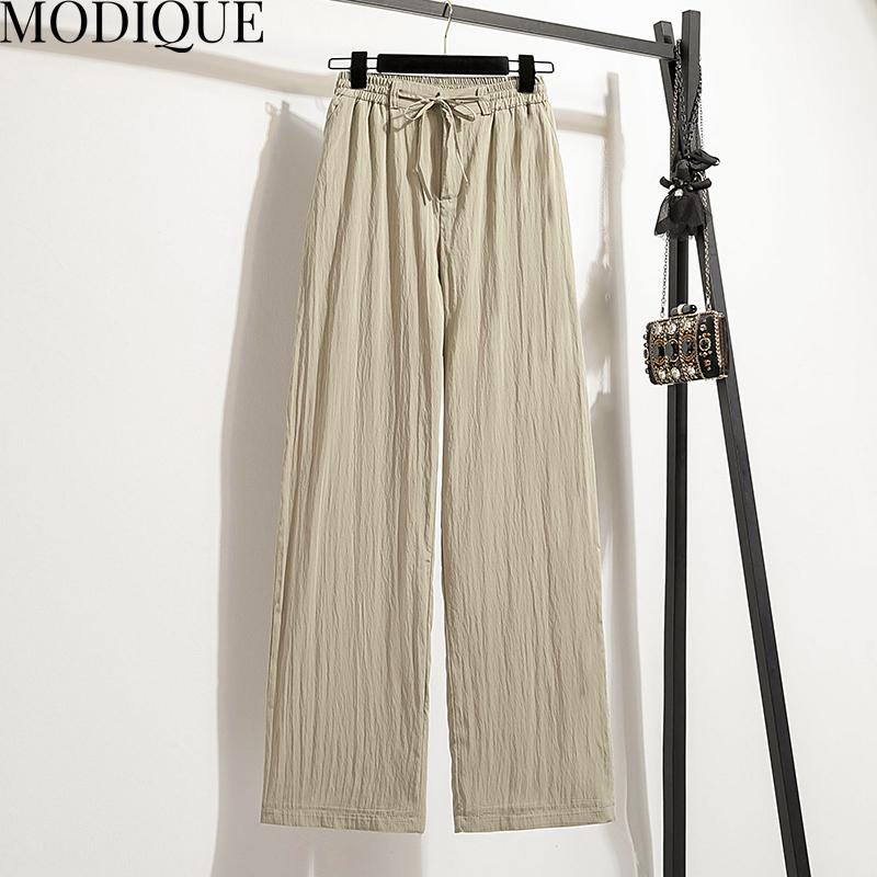 MODIQUE Vår Sommer Plus Size Ny Dame Løst Lang Lin Rett Bukser Joggebukser Dame Casual Basics Ankellange bukser med vidde ben